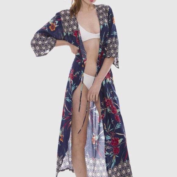 Janice Tropical Floral Print Maxi Kimono Cover Up Cardigan OS - Picture 15 of 16